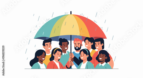 A colorful rainbow umbrella shields diverse group people standing together in rain, illustrating strong diversity inclusion. Various multiethnic individuals smiling united under one umbrella,