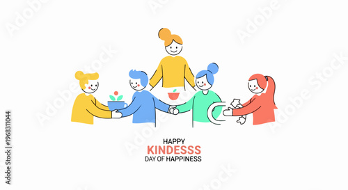 Illustration depicting Kindness Day celebration with diverse group of people exchanging gifts. Group collaboration showing various acts of Kindness Day, including giving a potted plant, helping hand.