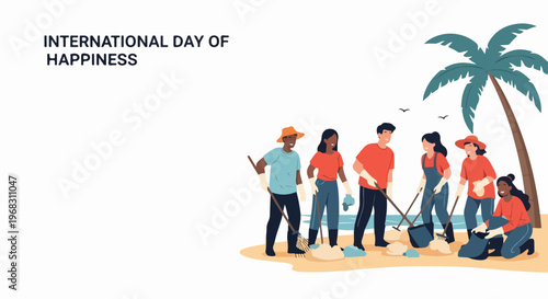 Diverse people performing beach cleanup, collecting litter on sandy coast under palm tree. Volunteers engage in environmental cleanup, celebrating International Day of Happiness.