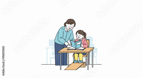 Woman assisting child with book at desk, illustrating special education support. Teacher helping young student with adaptive seating during special education lesson.