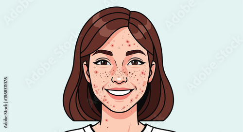 A cartoon illustration of a smiling woman with noticeable facial acne and spots