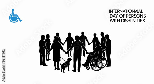 Diverse group silhouettes form circle, holding hands, symbolizing disability inclusion and mutual respect. Group features person in wheelchair, service dog,