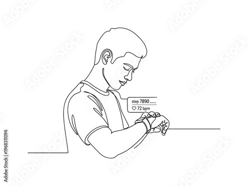 Step Tracker. Minimalistic one-line drawing individual looking at step count and heart rate on wearable device, continuous single black line on white