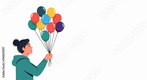Person holding colorful balloons against clean white background, vibrant colorful balloons represent joy and celebration. Concept colorful balloons for invitations, event planning,