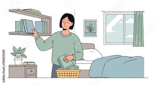 A person tidying their bedroom, placing a book on a shelf and folding laundry