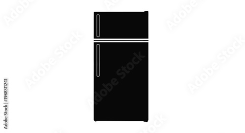 A stark black and white illustration depicts a modern top freezer refrigerator against a white background