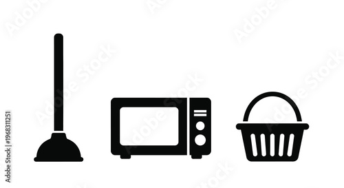 A simple black and white illustration displaying a plunger microwave and laundry basket high quality professional