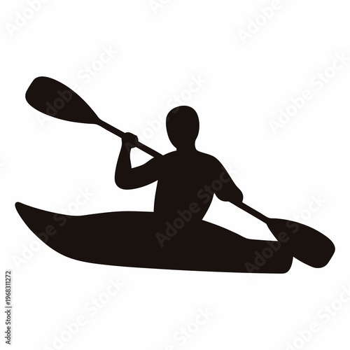 Silhouette of person kayaking with paddle in black and white image