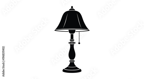 A simple black silhouette depicts a classic table lamp with a shaded bulb and pull chain
