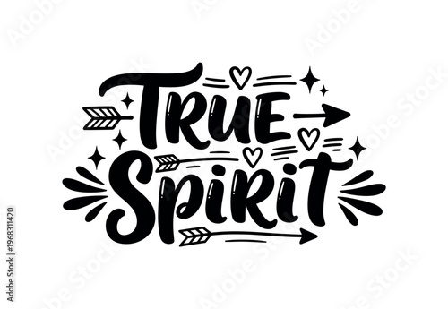 True Spirit. lettering and all elements in black. Vector style. AWhite background. Pure white background. Perfect isolation and visual consistency. Bold