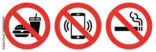 No eating and drinks allowed, No cell phone zone, No smoking symbols, stop, ban, or prohibited