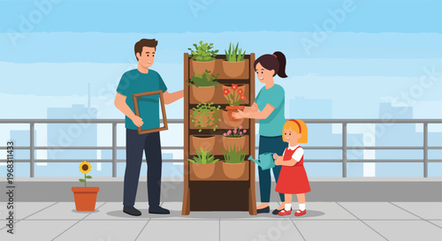 A family spends time gardening on an apartment terrace with potted vertical plants