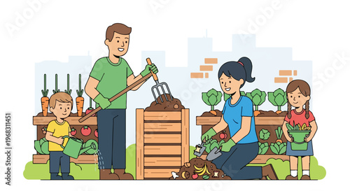 A happy family works together in their garden to manage organic compost heaps