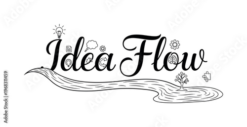 Idea Flow. lettering and all elements in black. Vector style. AWhite background. Pure white background. Perfect isolation and visual consistency. Elegant