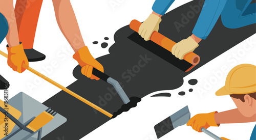 road construction workers laying asphalt with tools, pavement repair process, infrastructure maintenance, urban roadwork and civil engineering illustration concept