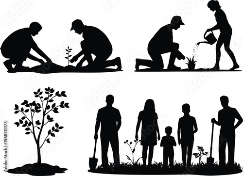 Black silhouette set featuring gardening family and tree growth stages representing eco awareness teamwork nurturing environment and green lifestyle concept