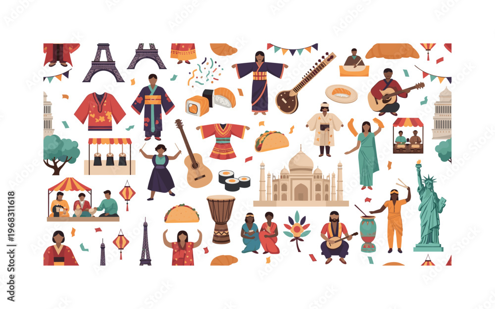 Fototapeta premium cultural icons seamless pattern, repeating pattern, surface design, textile print, modern illustration of ethnic attire, musical instruments, traditional food,
