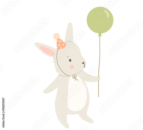 Cute bunny with birthday hat and balloon, vector animal character illustration for celebration and baby greeting design