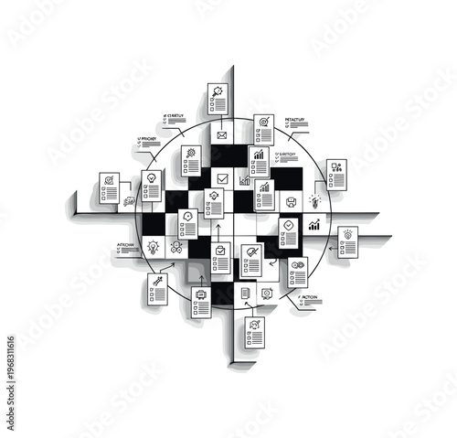 startup strategy circular grids abstract blocks and thin checklist icons detailed monochrome individual organizing top startup ideas with priorities and action