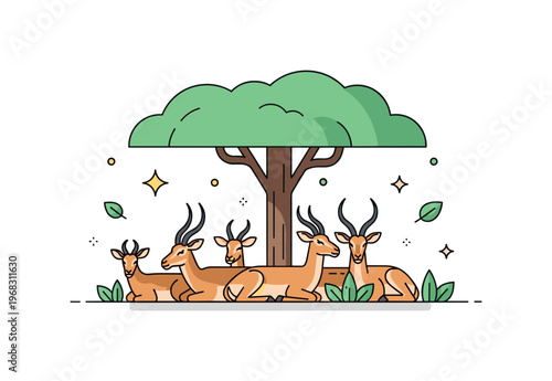 Impalas resting under tree shade scene where a group lies in the shade while small sparkle and leaf icons emphasize relaxation, environmental adaptation, and
