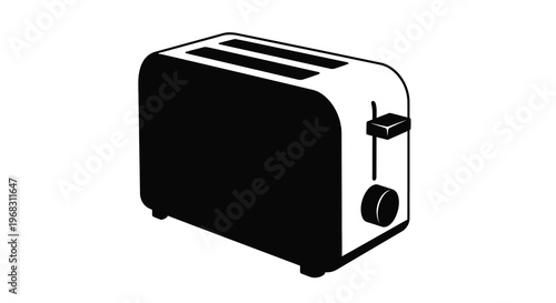 A simple black and white illustration depicts a classic two slice toaster with controls high quality