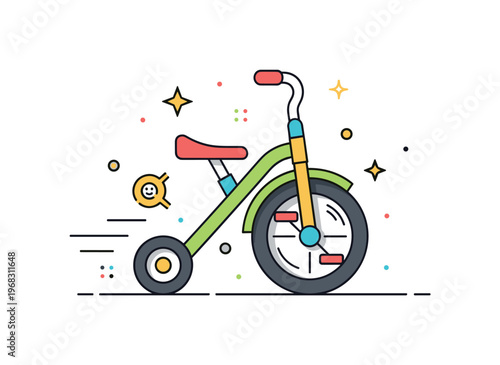 Tricycle ride colorful wheels concept where a close-up shows the spinning wheels of a tricycle while small sparkle and star icons emphasize motion, fun, and