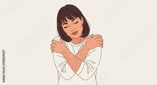 A calm woman with arm hair hugging herself in a peaceful and confident gesture