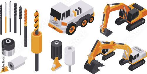 set of construction machinery and drill bits, excavator, truck, industrial tools, engineering equipment, maintenance, building, isometric illustration