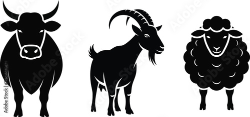 Black silhouette of a cow a goat and a sheep on white background bull cattle