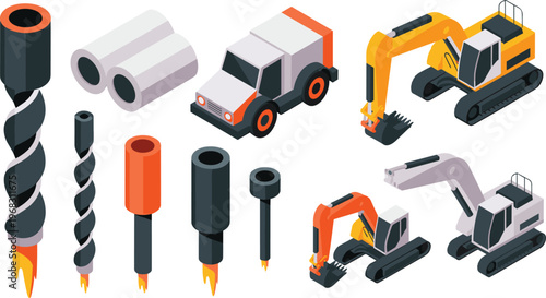 set of construction machinery and drilling equipment, excavator, truck, auger tools, industrial equipment, engineering, maintenance, isometric illustration