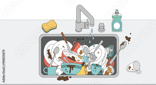 A cluttered kitchen sink filled with dirty dishes under a running water faucet