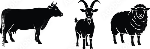 Black silhouette of a cow a goat and a sheep on a white background cow silhouette goat silhouette sheep silhouette
