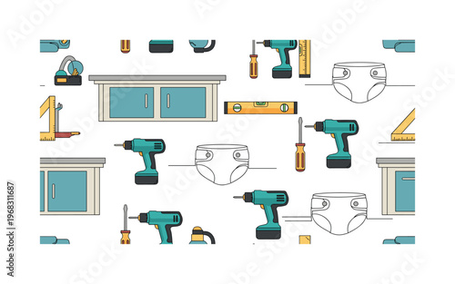 countertop project seamless pattern, repeating pattern, surface design, textile print, modern illustration of countertops, cabinets, drills, screwdrivers,