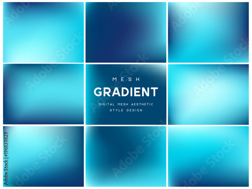 Collection of deep ocean and aqua mesh gradients. Abstract blue water backgrounds for technology, marine and fresh minimal designs. Blurred liquid textures, vector illustration.