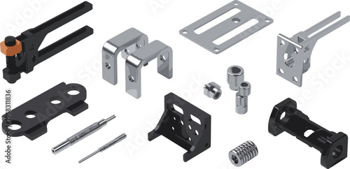 set of industrial mechanical brackets and components, connectors, fasteners, engineering parts, manufacturing, assembly hardware, maintenance, isometric illustration