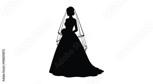 Elegant bride in a wedding dress holding flowers black silhouette