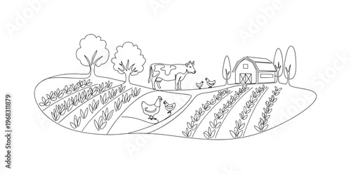 Sustainable Ecosystem. Minimalistic one-line drawing farm integrating crops, animals, and trees harmoniously, continuous single black line on white background,