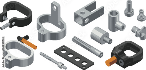 set of industrial mechanical components and fasteners, brackets, clamps, connectors, engineering parts, manufacturing, assembly, maintenance, isometric illustration