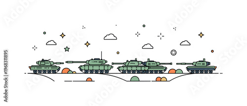Tanks armored convoy scene where multiple tanks move in formation across a terrain while small sparkle and star icons emphasize discipline, power,