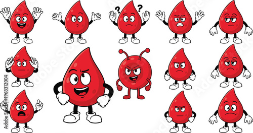 Cute Blood Drop Cartoon Character Set with Different Emotions, Medical Mascot Illustration for Healthcare, Donation and Hemoglobin Awareness Vector