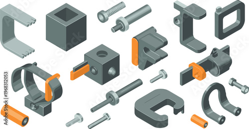 set of mechanical parts and fasteners, bolts, brackets, connectors, industrial components, engineering hardware, manufacturing, assembly, maintenance, isometric illustration