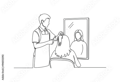 Salon Hair Advice. Minimalistic one-line drawing stylist pointing to hair section while client watches in mirror, continuous single black line on white