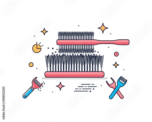 Hairbrush bristle durability scene where bristles maintain shape after use while small sparkle and line icons emphasize quality, resilience, and personal care
