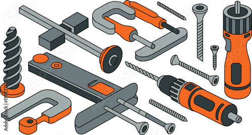 set of woodworking tools and fasteners, screws, clamps, screwdriver, drill, carpentry equipment, workshop, DIY, hardware, isometric illustration