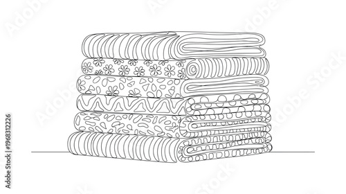 Patterned Fabrics. Minimalistic one-line drawing stack of decorative textiles with visible patterns, continuous single black line on white background, simple