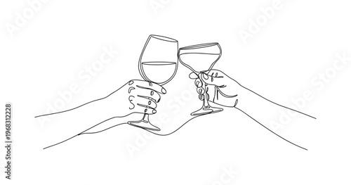 Cheers Glasses. Minimalistic one-line drawing hands raising different glasses for toast, continuous single black line on white background, simple outline
