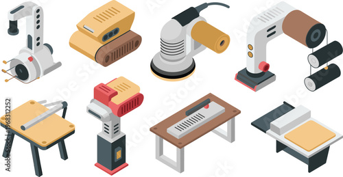 set of woodworking tools and machines, sander, grinder, saw table, carpentry equipment, workshop, DIY, wood processing, isometric illustration