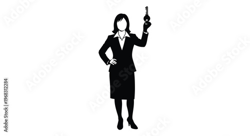 A businesswoman holding a key depicted in stark black silhouette