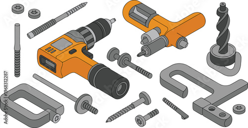 set of woodworking tools and fasteners, drill, clamps, screws, carpentry equipment, workshop, DIY, hardware tools, isometric illustration