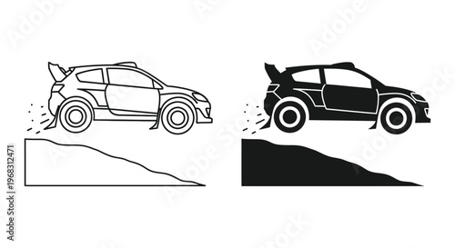 Rally car jumping over a hill shown in positive and negative silhouette